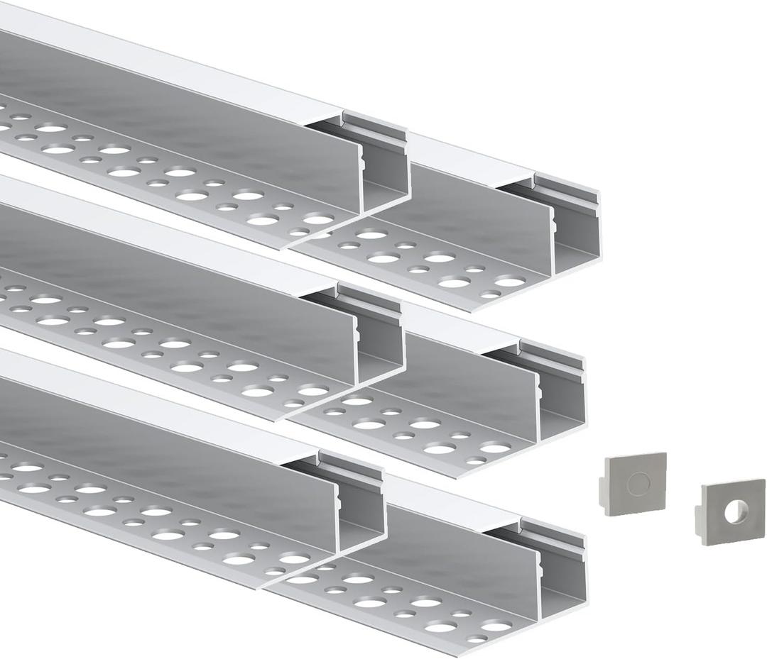Laudert Drywall LED Channel, Trim Edge Tile LED Aluminium Channel with Milky Diffuser, Trimless Recessed Plaster in Channel Profile for LED Strip Light (6 * 3.3ft (1m))