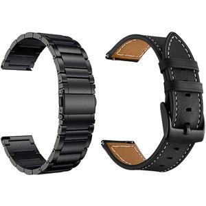 YEEJOK Vivoactive 6/5/3 Bands for Men Women, 20mm Watch Bands Replacement Metal + Leather Compatible for Garmin Venu/Venu Sq/Venu 2 Plus/Vivoactive 3 Music/Forerunner 645/245 Smartwatch-2 Pack (Black & Black)