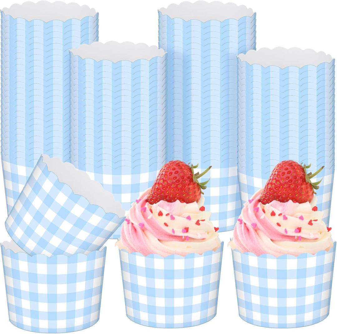 Vesici 150 Pcs Blue Gingham Party Supplies 5 oz Ice Cream Cups Scalloped Gingham Cupcake Cups Paper Cupcake Wrappers Muffin Cases for Birthday Wedding Bridal Shower Tea Party Supplies