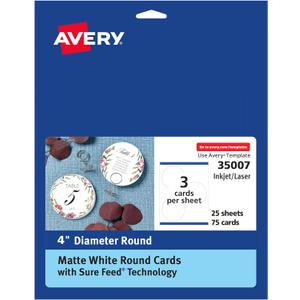 Avery Round Cards, Sure Feed Technology, 4" Diameter, Matte White, 75 Total, Print-to-the-Edge, Laser/Inkjet Printable (35007) Avery Round Cards, Sure Feed Technology, 4" Diameter, Matte White, 75 Total, Print-to-the-Edge, Laser/Inkjet Printable (35007)