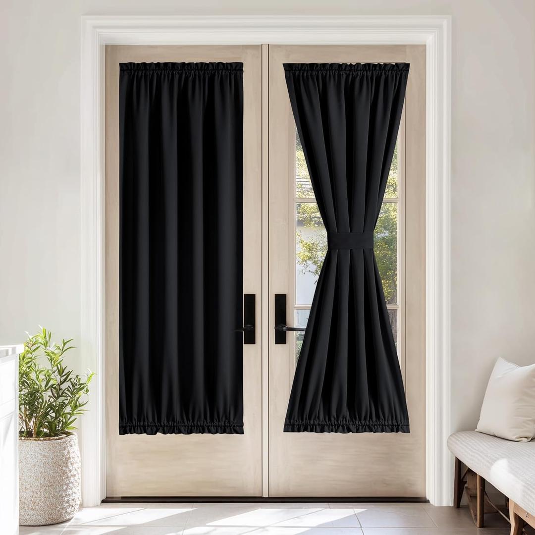 NICETOWN 100% Blackout French Door Curtain,Privacy Thermal Insulated Window Curtain with Adjustable Tieback for Glass Front Sliding Patio Door, 1 Panel, 36W x 72L, Black