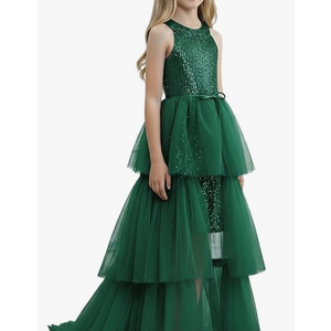 Girls Sequin Dress Halter Formal Pageant Prom Party Graduation Dress with Three Layer Mesh Size 6Y