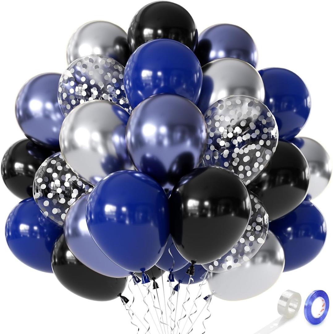 Blue and Black Balloons, Navy Blue and Silver Balloons Metallic Blue Dark Blue &Silver Confetti Party Balloons for Graduation Birthday Baby Shower Decorations, 12inch