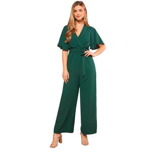 WDIRARA Women's Wide Leg Jumpsuit Wrap V Neck Butterfly Short Sleeve Tie Knot Front Elegant Jumpsuits Romper Dark Green XL