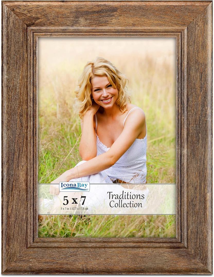 Icona Bay - 5x7 Chestnut Brown Picture Frame - Rustic Wood Pattern - Lightly Distressed Frame for Table Top Display or Wall Mount - Traditions Collection