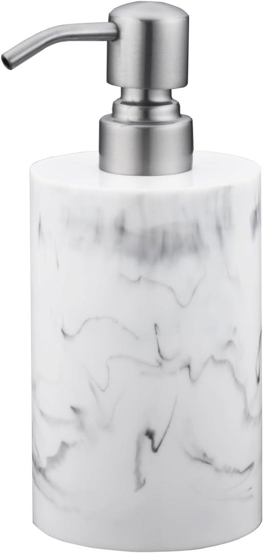 Hand Soap Dispenser White Marble for Bathroom Kitchen, 13.5oz Resin Bottle with Brushed Nickel Stainless Steel Pump, Cylindrical Bottle Countertop - for Liquid Soap, Lotion and Dish Soap