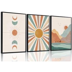 okudolit Mid Century Modern Boho Framed Canvas Wall Art Set of 3 Geometric Minimalist Abstract Colorful Sun Moon Mountain Pictures Wall Decor Paintings Prints for Living Room Bedroom Office-16x24in
