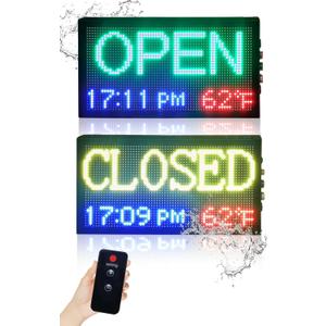 16.5x9 Inch Weatherproof LED Open Closed Sign with Remote Control, Digital Clock & Temperature Display - Customizable Business Hours Sign for Stores, Restaurants, Retail Shops
