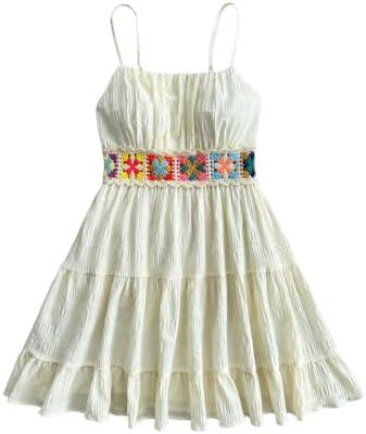 RoseSeek Girl's Floral Embroidery Tiered Summer Dress Sleeveless Ruffle A Line Flowy Short Dress Sundress 15Y