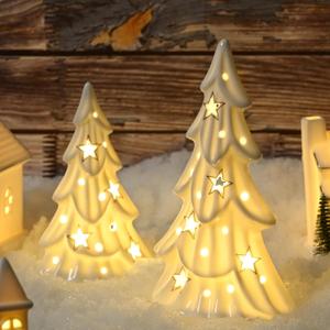 AOMOONOA Ceramic White Christmas Trees with Lights, 2Pcs Light Up Tabletop Porcelain Christmas Tree, Glossy Hollow-Carved Small Xmas Tree Figurines for Modern Home Decoration, DIY Winter Village