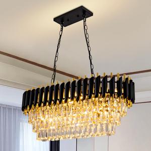 Modern Crystal Chandeliers for Dining Room Black and Gold Luxury Chandelier Living Room 10-Light Pendant Light Fixture Oval Contemporary Ceiling Hanging Light for Kitchen Dining Room