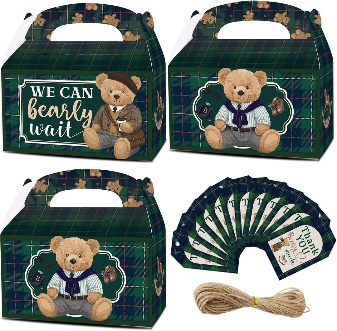 READIGO 12PCS Vintage We Can Bearly Wait Party Boxes, Green Plaid Teddy Bear Gift Treat Boxes for Birthday, Baby Shower, Gender Reveal Party Decoration