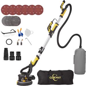 Drywall Sander with Vacuum Dust Collector, CUBEWAY 6.5A 780W Ceiling and Wall Sander Tool with 7 Variable Speed 900-1800RPM, Popcorn Ceiling Removal Tool, LED Light, 20pcs Sanding Discs (L-shape Handle-yellow)