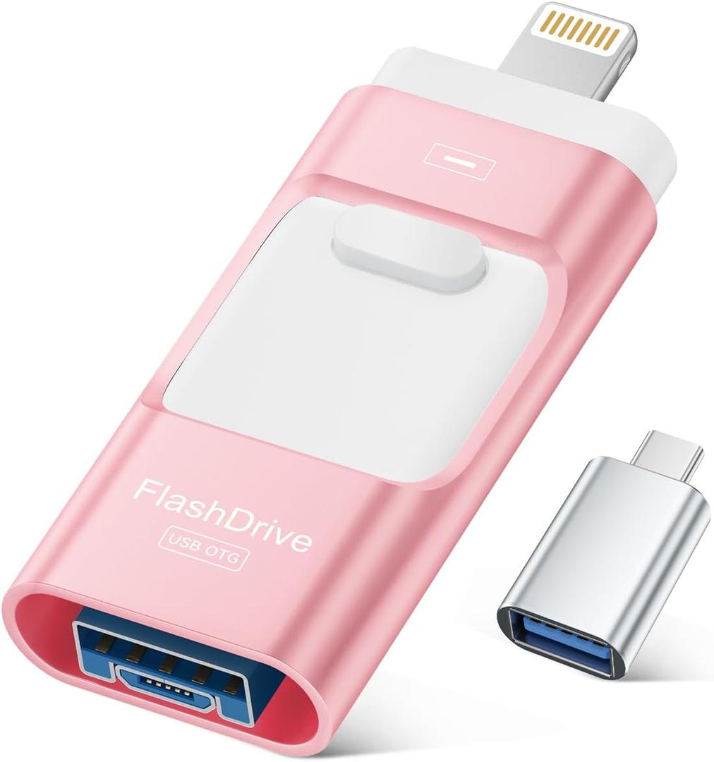 MFi Certified Flash Drive for iPhone 256GB, Photo Stick Memory Stick for iPad, USB Thumb Drive for Photos Videos Transfer & Backup, External Storage Compatible for iPhone/Android/PC/Mac (Light pink)