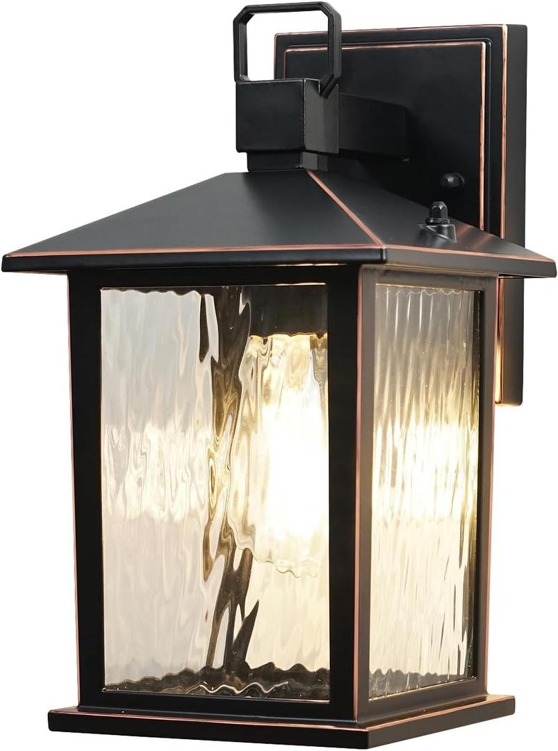 Oil Rubbed Bronze Outdoor Wall Light, 12'' Exterior Lighting Fixture with Water Ripple Glass, Hardwired Die-Casting Aluminum Porch Light, Waterproof Outside Wall Sconce, Bulb Not Included