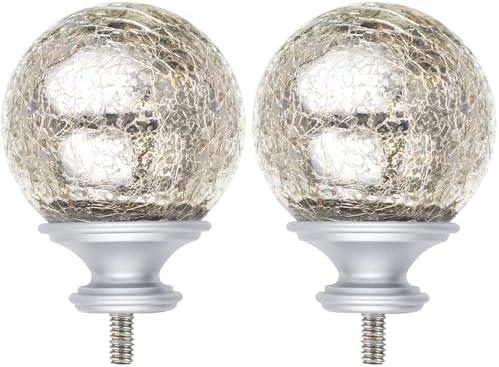 KAMANINA Crackle Glass Replacement Finials for 1 Inch Curtain rods, M6 Standard Screw Curtain Rod Finials, Set of 2, Antique Silver