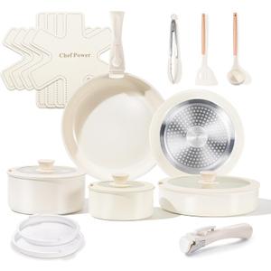 Chef Power Ceramic Cookware Set Non Toxic with Detachable Handles, Healthy Nonstick Pans and Pots Set 19 Pcs, Induction Dishwasher Oven Safe Kitchen Set, PFAS PFOA & PTFE Free, Cream White