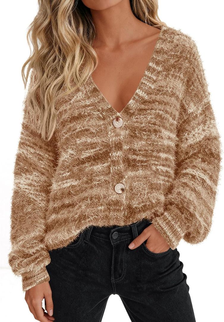 PRETTYGARDEN Womens Cardigan Sweaters Fall Fashion 2026 Striped Long Sleeve Button V Neck Knit Fuzzy Outerwear Winter Clothes (S)
