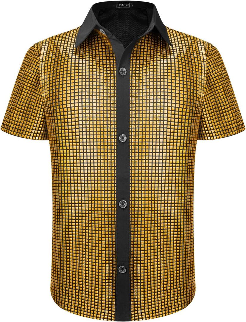 WULFUL Kids Boys Disco Shirt Sequins Button Down Shirts 70s Party Costume, 8-9 Y