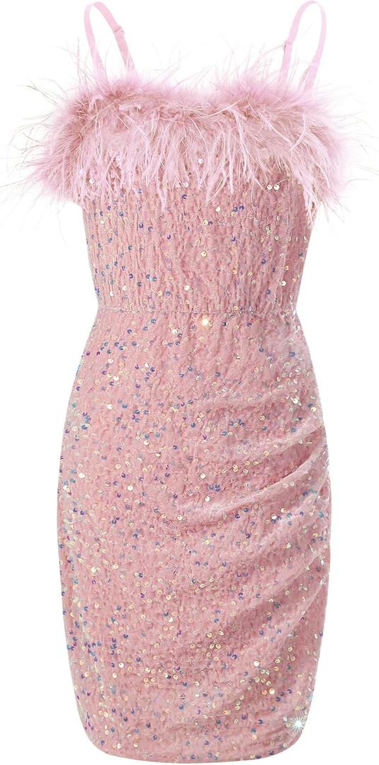 EXARUS Girls Sequin Dress Bodycon Tween Glitter Semi Foraml Party Cocktail Ball Spaghetti Strap Short Kids Fancy Dresses (12 Years, Pink)