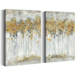summer melody Bedroom Abstract Canvas Wall Art: 2 Pieces Gold Modern Landscape Picture Autumn Yellow Forest Painting Contemporary Nature Scenery Tree Print Gray Rustic Vertical Artwork (11L" x 16W")