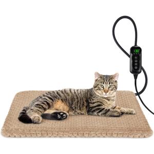 INVENHO Heated Cat Bed, Waterproof Adjustable Temperature Dog Cat Heating Pad with Timer, Indoor Pet Heating Pad for Cats Dogs Electric Pads for Dogs Cats, Pet Heated Pad (S: 18" x 16", Brown)