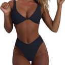 Geluboao Bikini Set for Women Solid V Neck Knot Front Push Up High Leg Thong Two Piece Swimsuit (Small, Black)