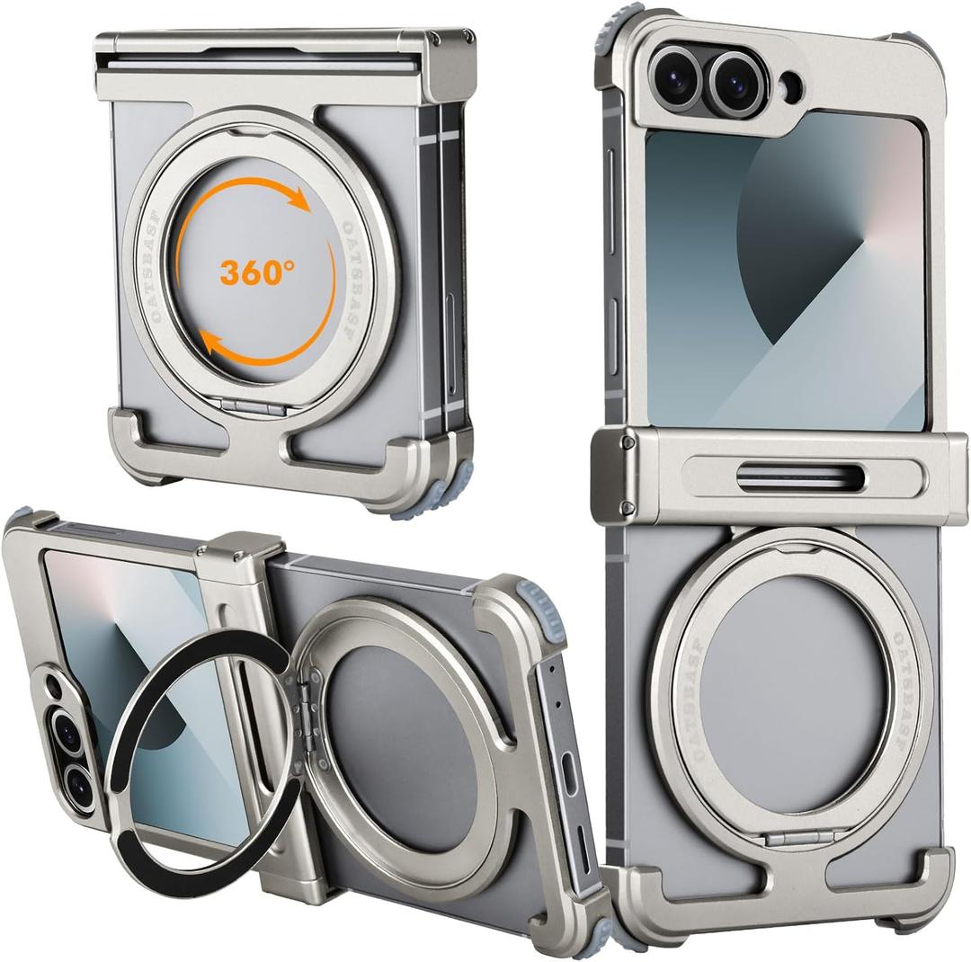 Metal Frameless for Samsung Galaxy Z Flip 6 Case with Mag Safe Ring Stand Holder 360Rotatable Minimalist Slim Hard Shockproof Bumper Thin Cover for Zflip 6 Phone Cases with Magnetic Kickstand (Natural)