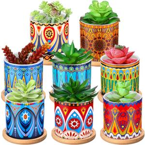 Zopeal 8 Pcs 3 Inch Succulent Planter Pot Ceramic Cactus Pots with Drainage Holes and Bamboo Trays for Indoor Plants Flowers for Home Garden Mexican Party Decor