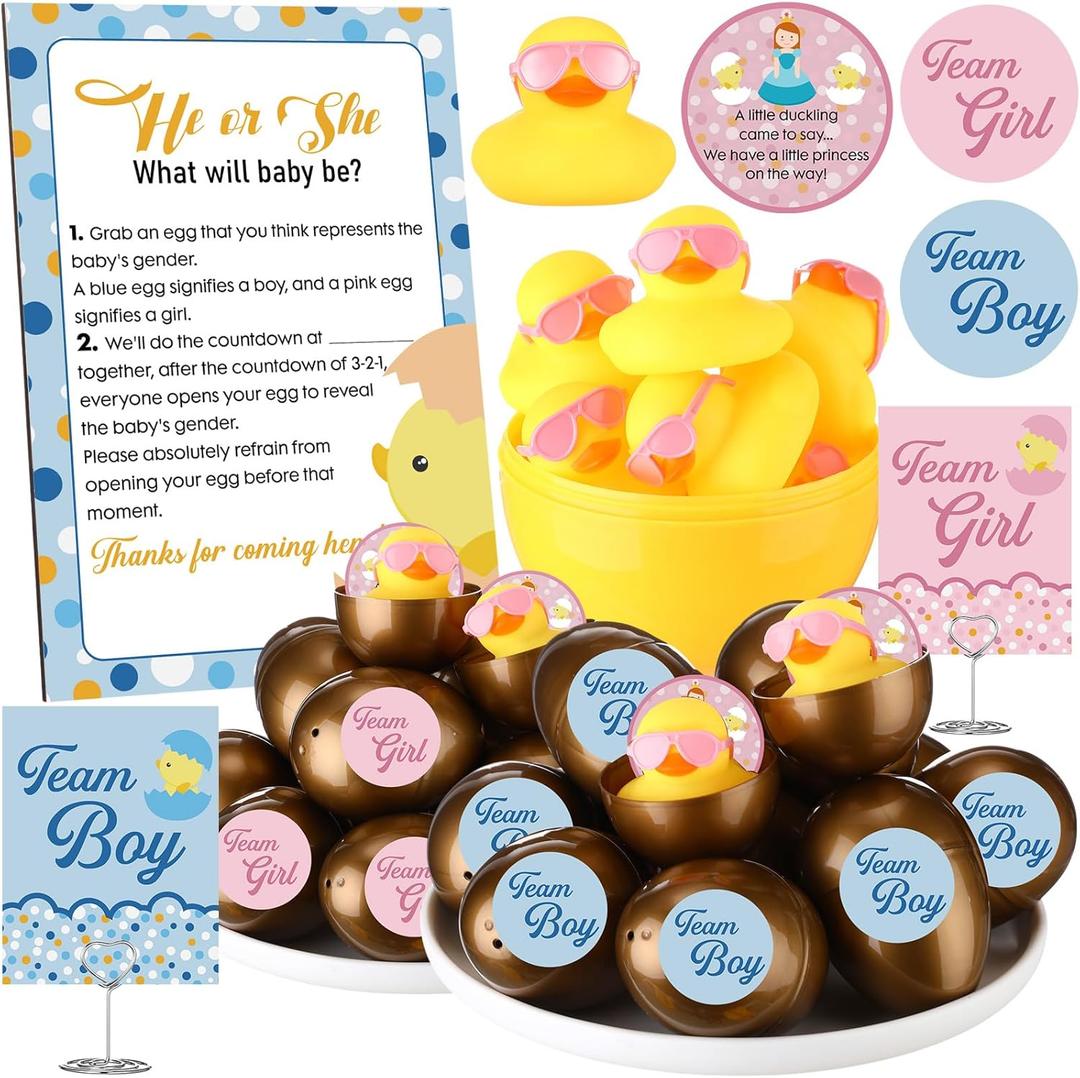 30 Sets Gender Reveal Games Team Boy or Girl Party Favors Include He or She Wooden Sign Gender Reveal Rubber Duck Plastic Yellow Golden Eggs Sticker Card for Baby Shower Decorations(Pink)