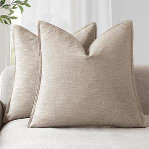 Foindtower Set of 2, Decorative Linen Soild Throw Pillow Covers Soft Accent Cushion Euro Case Boho Farmhouse Pillowcase for Chair Couch Sofa Bedroom Living Room Home Decor 16 x 16 Inch Natural Linen