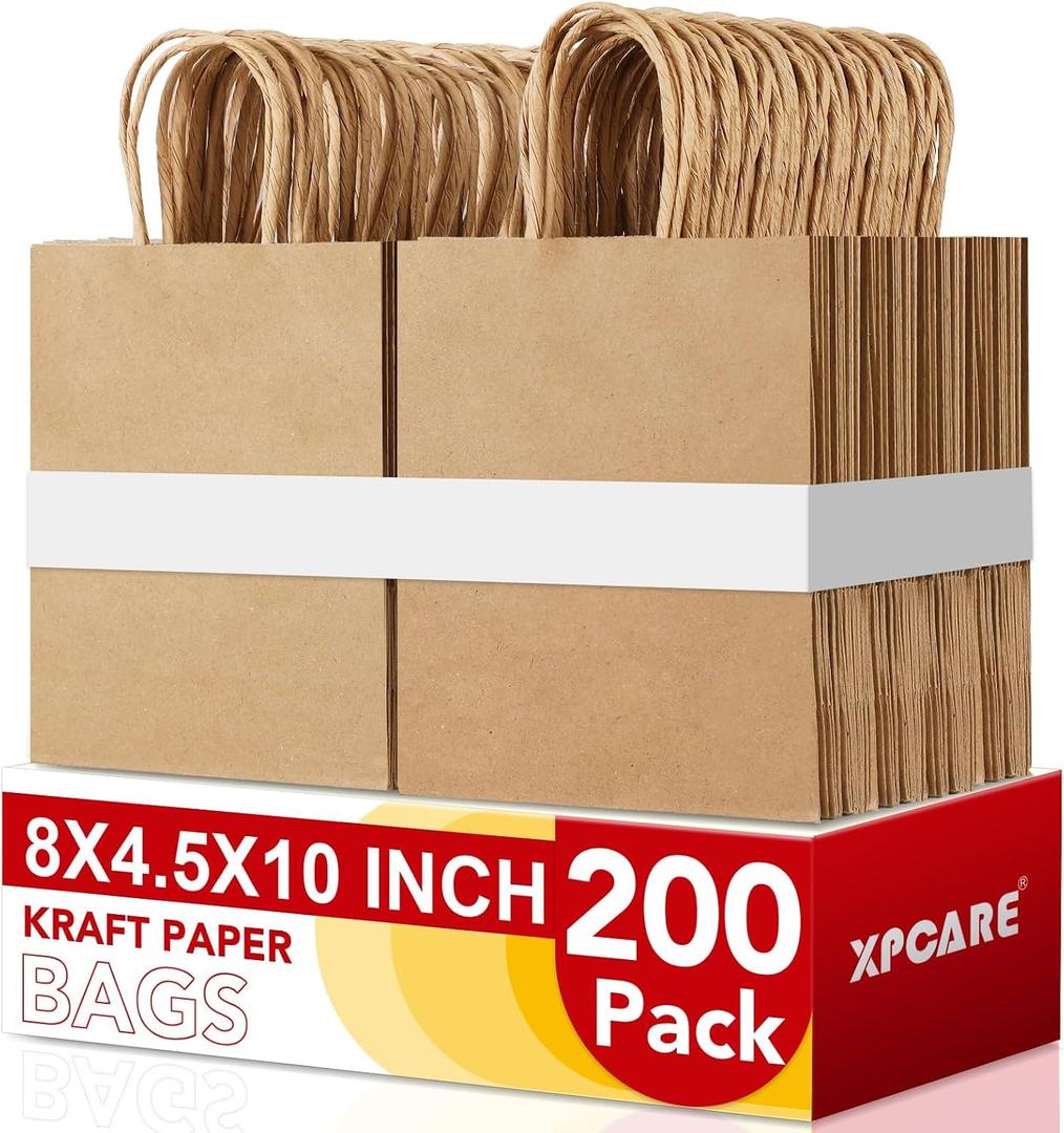 XPCARE 200Pack Paper Bags 8x4.5x10 Inch, Plain Medium Paper Bags with Handles Bulk, Kraft Paper Gift Bag, Retail, Party, Shopping, Favor Bag (Brown), 1 count