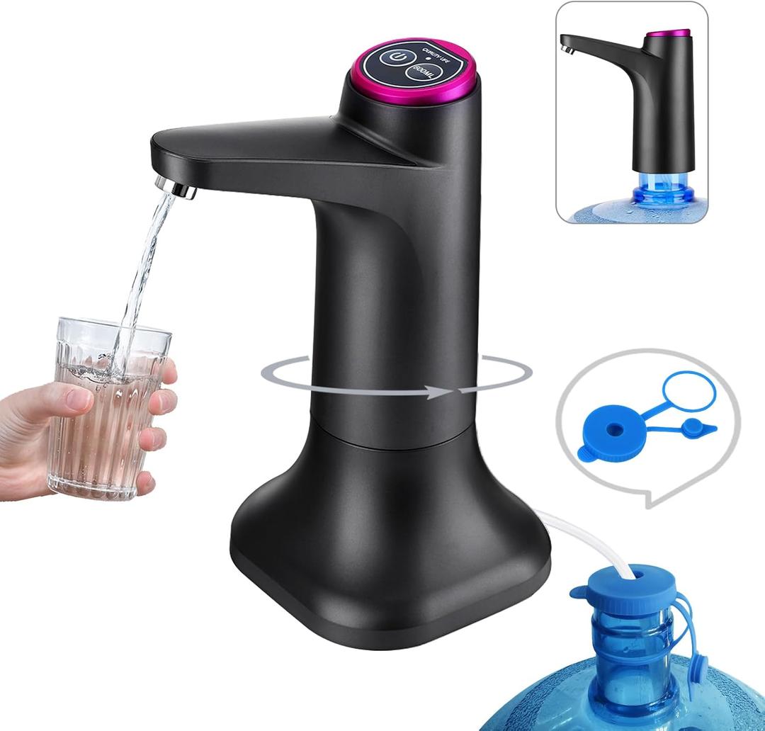 HiPiCok 5 Gallon Water Pump, Water Dispenser for 5 Gallon Bottle, USB-C Rechargeable Water Jug Dispenser, Portable Automatic Water Pump for Home, Black