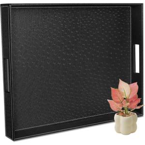 Ranslen Serving Tray with Handles, 20 x 16 Inch Ottoman Tray for Coffee Table, Breakfast, Kitchen Home Black Tray Decor Extra Large, Rectangular