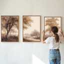 Rantodecor Vintage Landscape Framed Canvas Wall Art Triptych, Rustic Tree Sketch Wall Decor, Large Claming Nature Forest Art Paintings, Modern Relax Farmhouse Artwork for Bedroom Living Room 16"x24"x3, 24"x16"