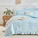 Flysheep Tufted Dots Ruffle Comforter Set King Size, 3 Pieces Blue Vintage Farmhouse Shabby Chic Comforters, Jacquard Boho Bohemian Bedding Set for All Season (1 Ruffled Comforter+ 2 Pillow Shams)