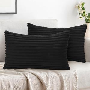 Simmore Decorative Throw Pillow Covers 12x20 Set of 2, Soft Neutral Plush Flannel Double-Sided Fluffy Lumbar Pillow Covers for Couch Sofa Living Room Home Decor, Black