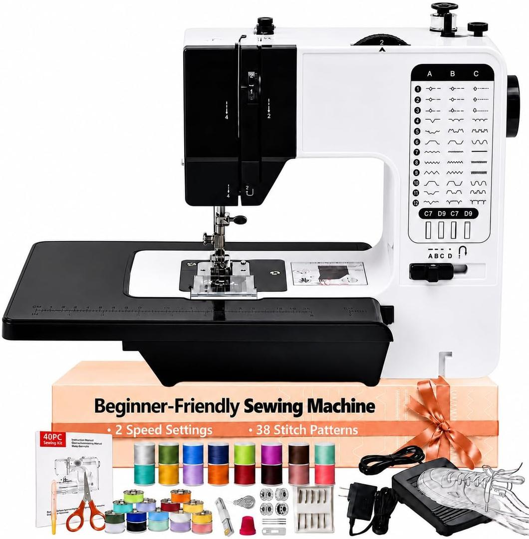 Beginner Sewing Machine with Extension Table,38 Built-in Stitches with Foot Pedal,2-Speed Control,Electric Portable Sewing Machine for Home Travel Use and Sewing Enthusiasts,LED Light(Black)