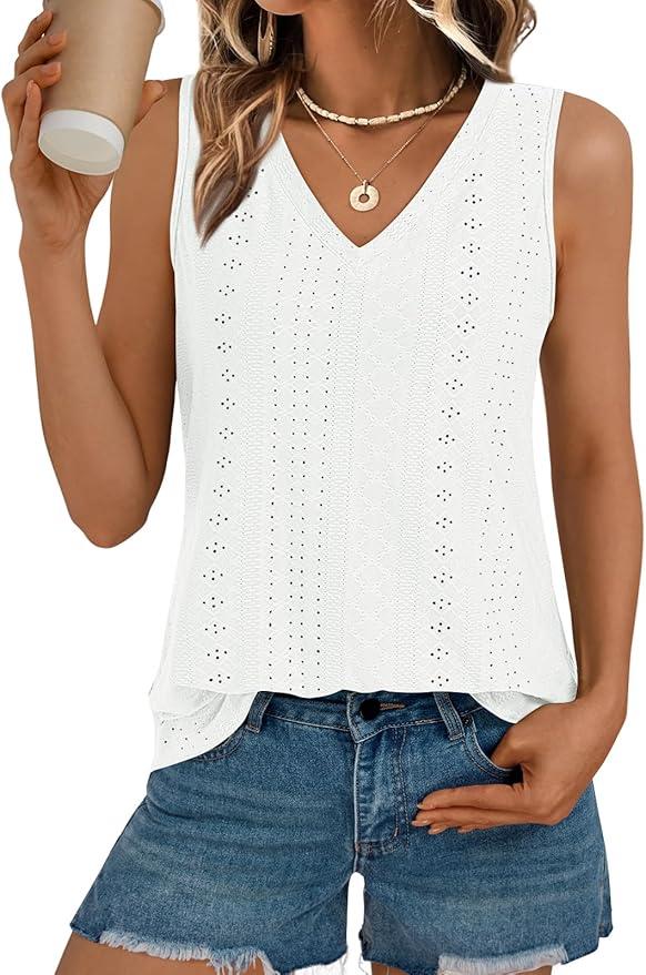 AUTOMET Women Summer Tank Top Eyelet Embroidery 2025 Vacation Sleeveless V Neck Loose Fit Shirt Spring Fashion Casual Clothes, M