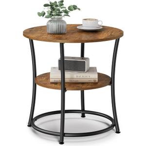 VASAGLE 21.7-Inch Round Side Table, 2-Tier End Table, Nightstand with Steel Frame, Spacious Top, for Small Spaces, Living Room, Bedroom, Rustic Brown and Ink Black ULET56BX