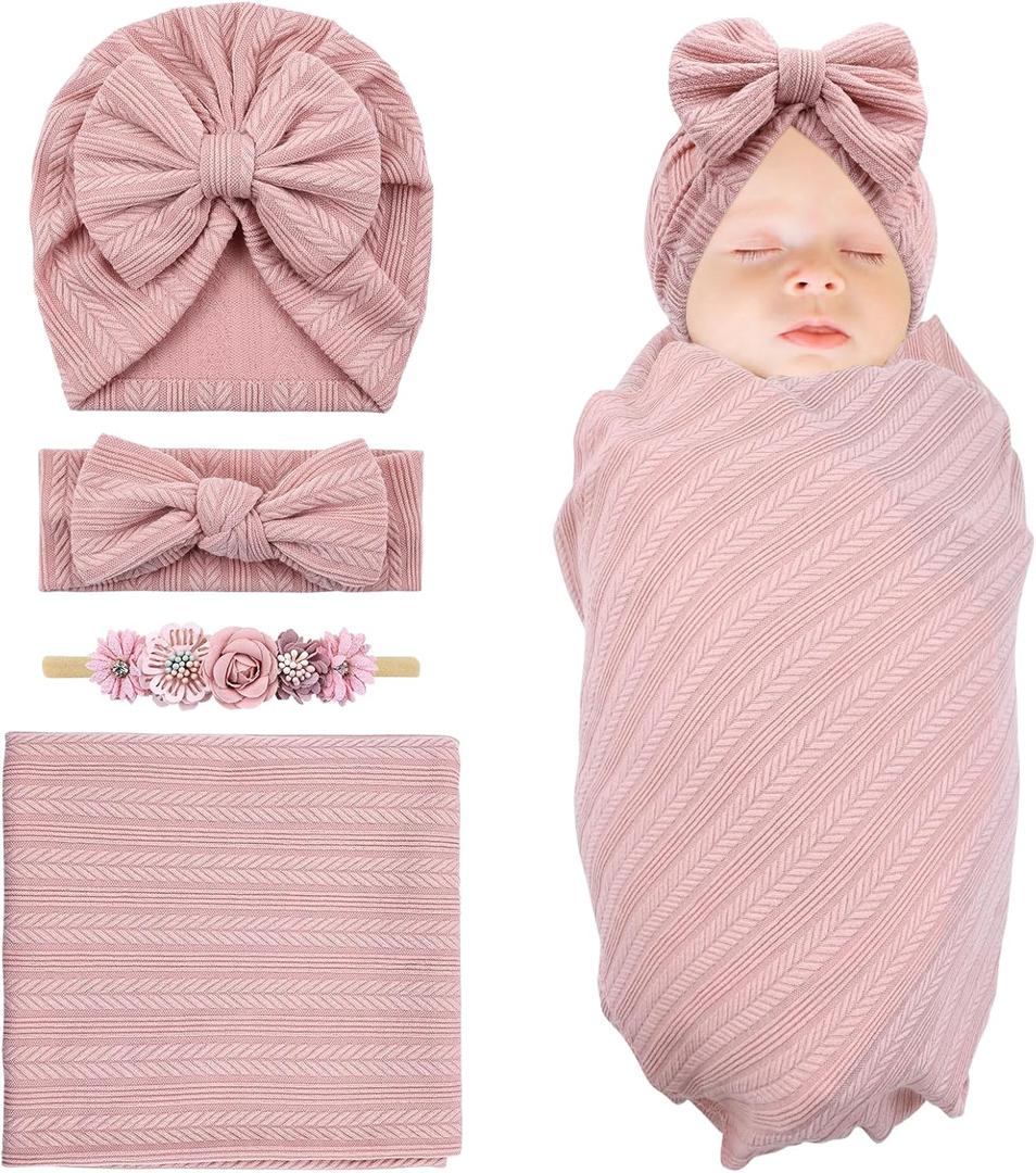 Cinaci 4pcs Dusty Pink Soft Nursery Newborn Baby Receiving Swaddle Blanket with Matching Turban Hat Bow Headbands Floral Nylon Headbands for Baby Girls Newborn Infants