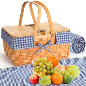 Blushtier Picnic Basket with Blankets Kit, Handwoven Natural Woodchip Basket with Lid Handle and Extra Large Foldable Waterproof Picnic Mat for Outdoor Camping Beach Grass Party Hiking Travel (Blue)