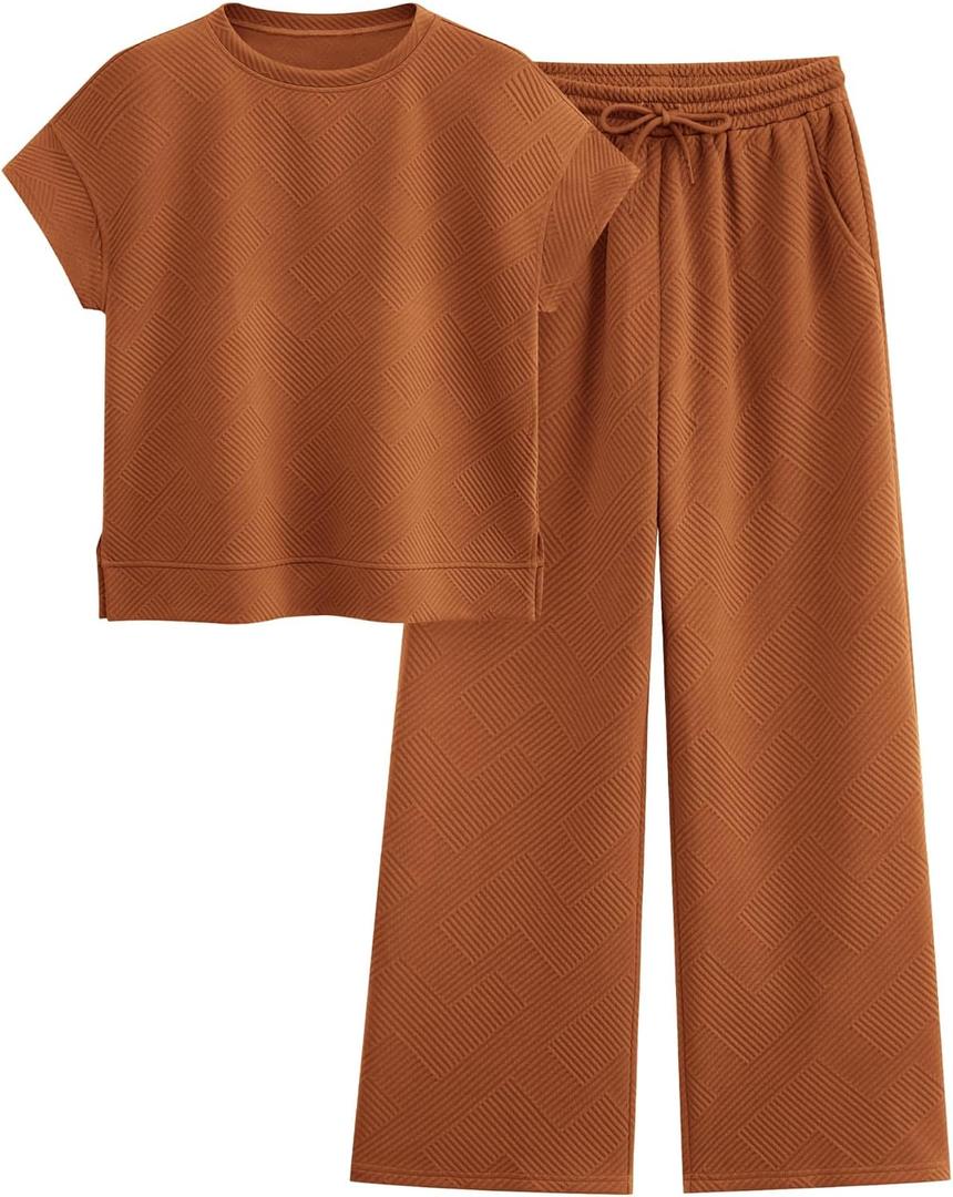 PRETTYGARDEN 2 Piece Outfits For Women Casual Tracksuit Short Sleeve Tops And Wide Leg Long Pants Matching Lounge Sets (L)
