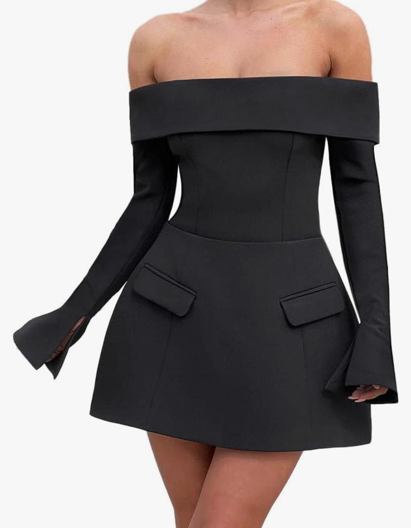 Women Sexy Mini Dress Off Shoulder Long Sleeve A Line Dress Short Formal Dresses Party Clubwear, Black, L