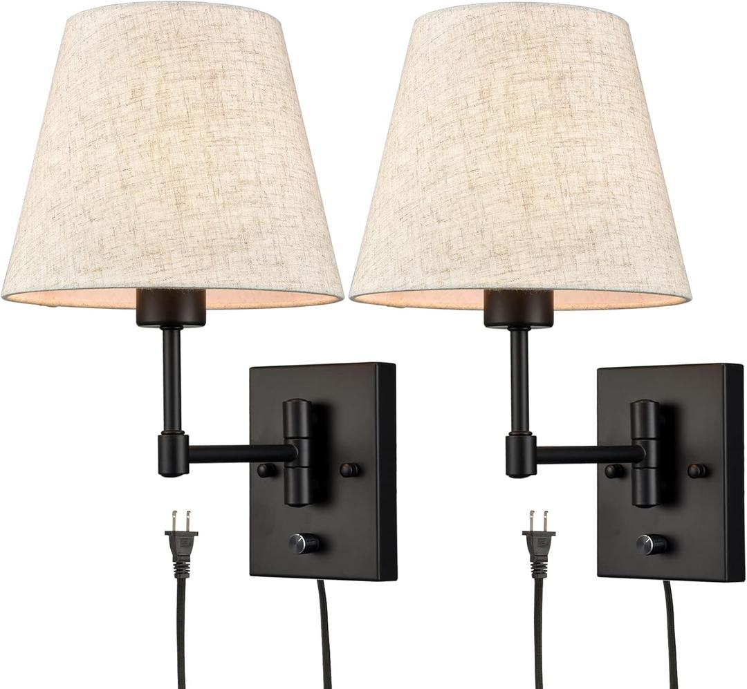 SAMTEEN Swing Arm Wall Sconces Set of Two Modern Black Sconce Light Plug in Wall Sconce with Shade, Black Swing Arm Wall Lamp with Plug in Cord for Bedroom Foyer Living Room