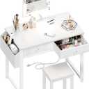 Lufeiya Small Makeup Vanity Desk with Fabric Drawers, 32 inch White Vanity Desks with Mirror and Light, Dressing Table and Chair Set with Power Outlet for Girls Bedroom, White, 31.5"