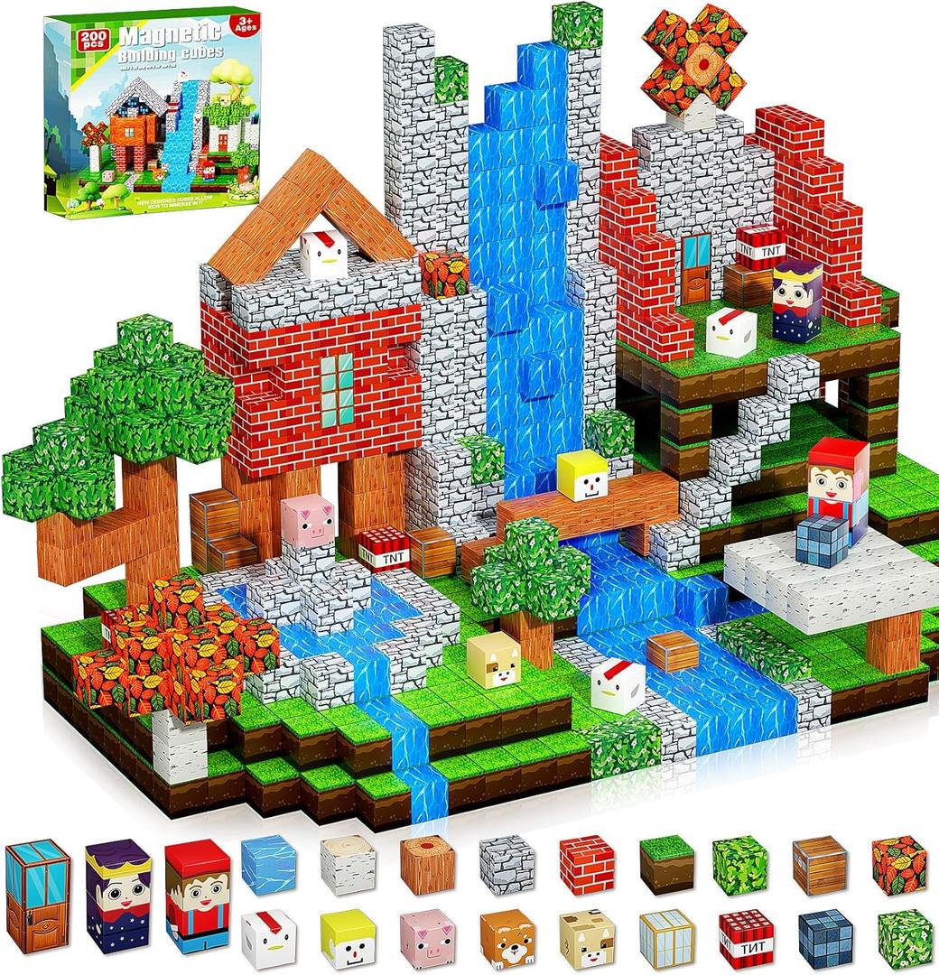 200PCS Magnetic Blocks, Magnetic Building Cube Toys for Kids, STEM Montessori Stacking, Sensory Education Toys for Toddlers Building World Set, Christmas Birthday Gifts for Kids Age 3 4 5 6 7 8 9 10