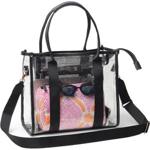 Large Clear Tote Bag Stadium Approved for Stadium Events Transparent Shoulder crossbody Handbag with Adjustable Strap (Black)