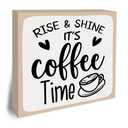 4 x Rise & Shine It’s Coffee Time Wooden Block Plaque - Brown & Gray Tabletop Sign Decor For Friend Family Coworker - 5"x5" Room Cafe Coffee Bar Wood Block - Funny Desk Gifts Favors & Supplies - A08
