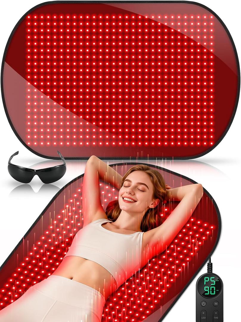 43'' x 26'' Red Light Therapy Mat for Body, 580 LEDs Near Infrared Light Therapy Pad Adjustable 10-90 min Timer, 660nm & 850nm Home Red Light Therapy for Back Belly Knee, 60W with Glasses